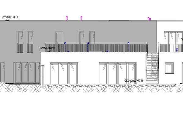 Technische Zeichnung einer Seitenansicht für einen Neubau einer Kita in Neuss.