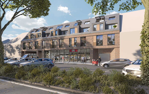 Rendering eines mehrgeschossigen Wohn- und Geschäftshauses mit einem vorgelagerten Parkplatz.