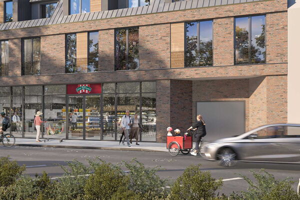 Ausschnitt eines Rendering eines mehrgeschossigen Wohn- und Geschäftshauses mit einem vorgelagerten Parkplatz.